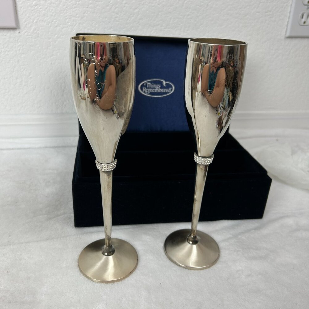 Silver Plated Swarovski Crystal Champagne Toasting Flutes Set Things Remembered